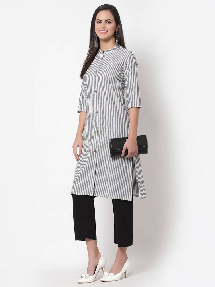 Myshka Women's Grey Cotton Stripe Pattern 3/4 Sleeve Round Neck Grey Kurti | Grab2Buy