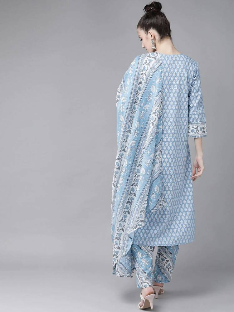 Yufta Women Blue and white printed kurta with Palazzo and Dupatta Set | Grab2Buy