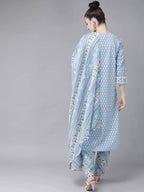 Yufta Women Blue and white printed kurta with Palazzo and Dupatta Set | Grab2Buy