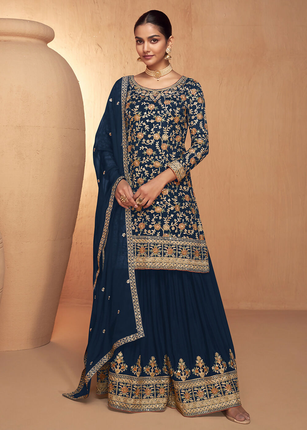 Blue Real Chinnon Embroidered Wedding Festive Palazzo Suit - Emponline | Grab2Buy