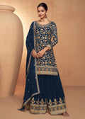 Blue Real Chinnon Embroidered Wedding Festive Palazzo Suit - Emponline | Grab2Buy