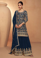 Blue Real Chinnon Embroidered Wedding Festive Palazzo Suit - Emponline | Grab2Buy
