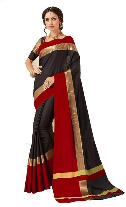 Vamika Black Cotton Silk Weaving Saree (Shreeji Black Red) | Grab2Buy