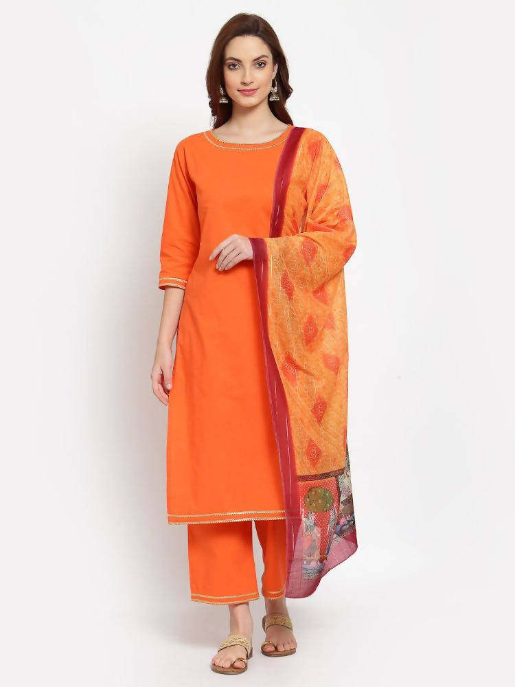Myshka Women's Orange Solid Cotton 3/4 Sleeve Round Neck Casual Kurta Pant Dupatta Set | Grab2Buy
