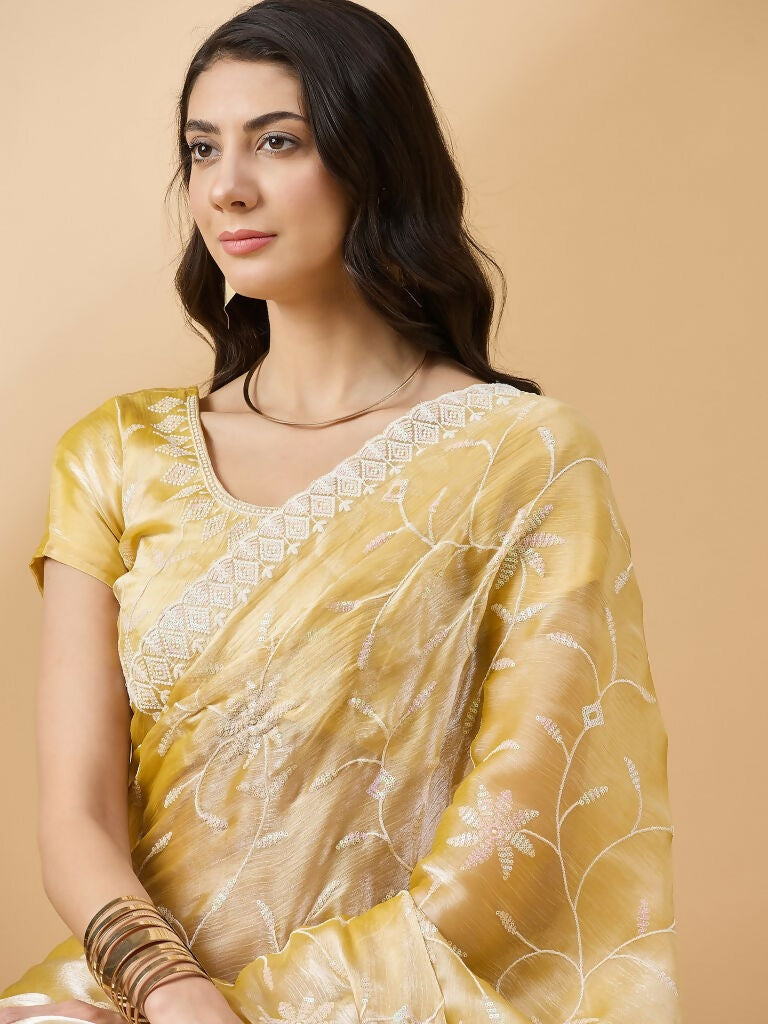 Pink Tissue Slub Embroidered Saree with Unstitched Blouse - Vairagi | Grab2Buy
