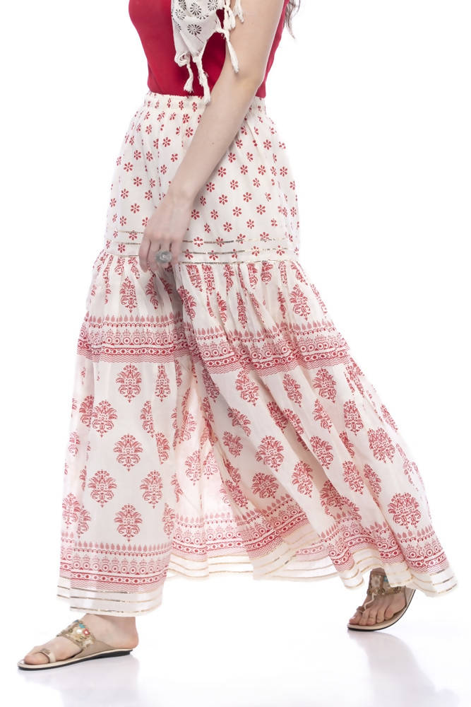Mominos Fashion Cotton Block Print With Lace Work Off White Red Color Prints Palazzo | Grab2Buy