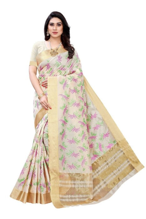Vamika Cotton Polyester Silk Weaving Cream Saree (KERALA MANSHI) | Grab2Buy