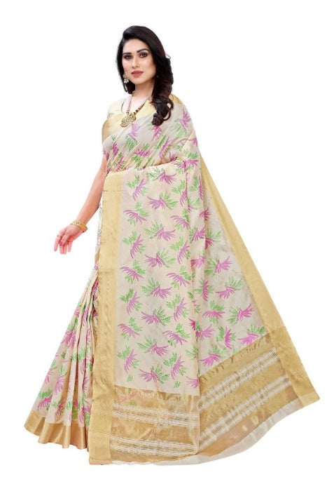 Vamika Cotton Polyester Silk Weaving Cream Saree (KERALA MANSHI) | Grab2Buy