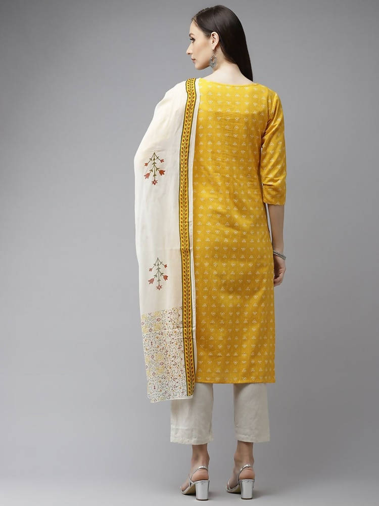 Yufta Women Mustard Yellow Ethnic Motifs Pure Cotton Kurta with Trouser & With Dupatta | Grab2Buy