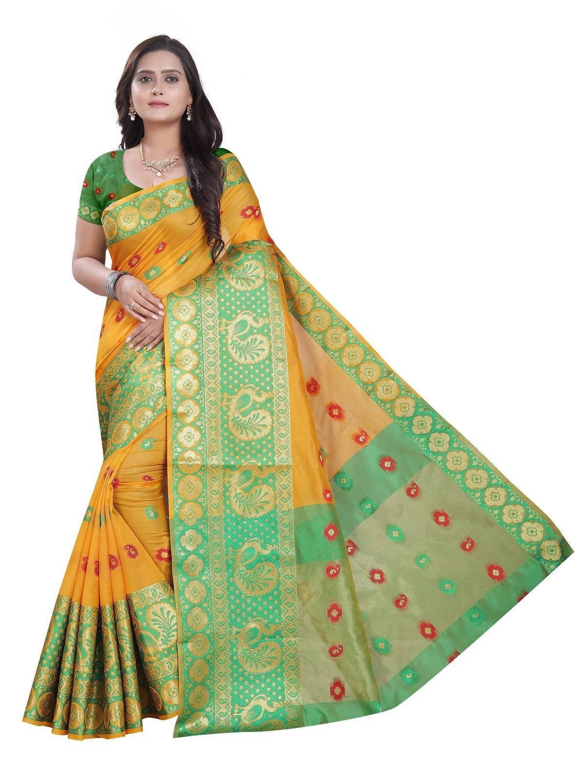 Vamika Banarasi Cotton Silk Yellow Weaving Saree | Grab2Buy
