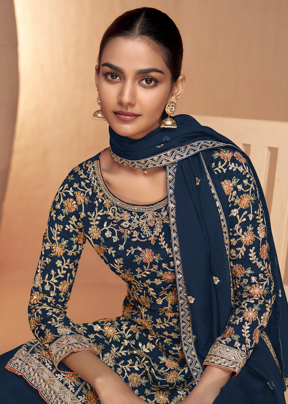 Blue Real Chinnon Embroidered Wedding Festive Palazzo Suit - Emponline | Grab2Buy