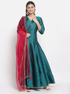 Myshka Women's Green Silk Solid 3/4 Sleeve V Neck Casual Anarkali Kurta Dupatta Set | Grab2Buy
