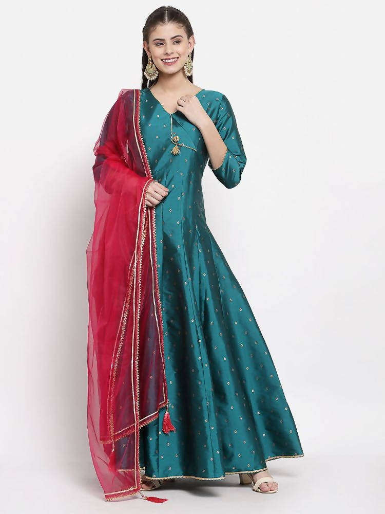 Myshka Women's Green Silk Solid 3/4 Sleeve V Neck Casual Anarkali Kurta Dupatta Set | Grab2Buy