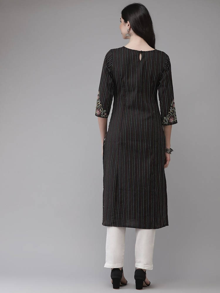 Yufta Women Black Yoke Design Kantha Work Floral Kurta | Grab2Buy