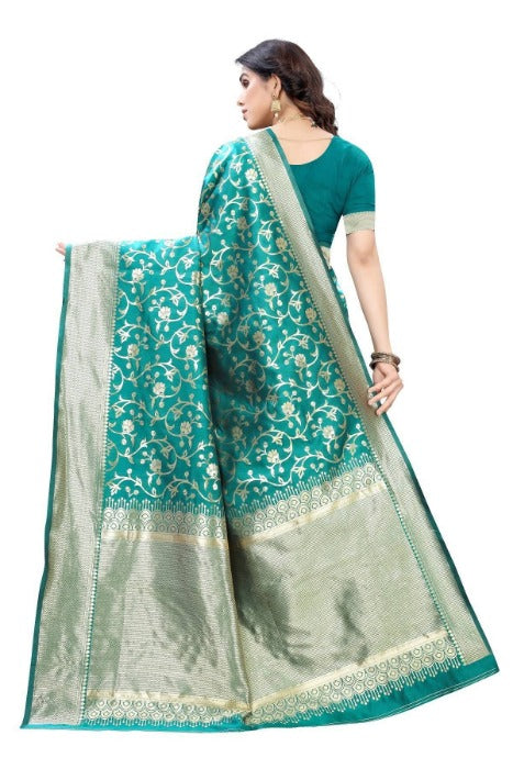 Vamika Banarasi Jacquard Weaving Rama Green Saree (PARINITI RAMA) | Grab2Buy
