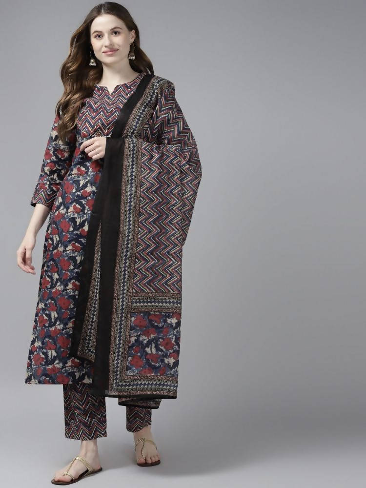 Yufta Women Navy Blue & Red Floral Printed Pure Cotton Kurta with Trouser and Dupatta | Grab2Buy