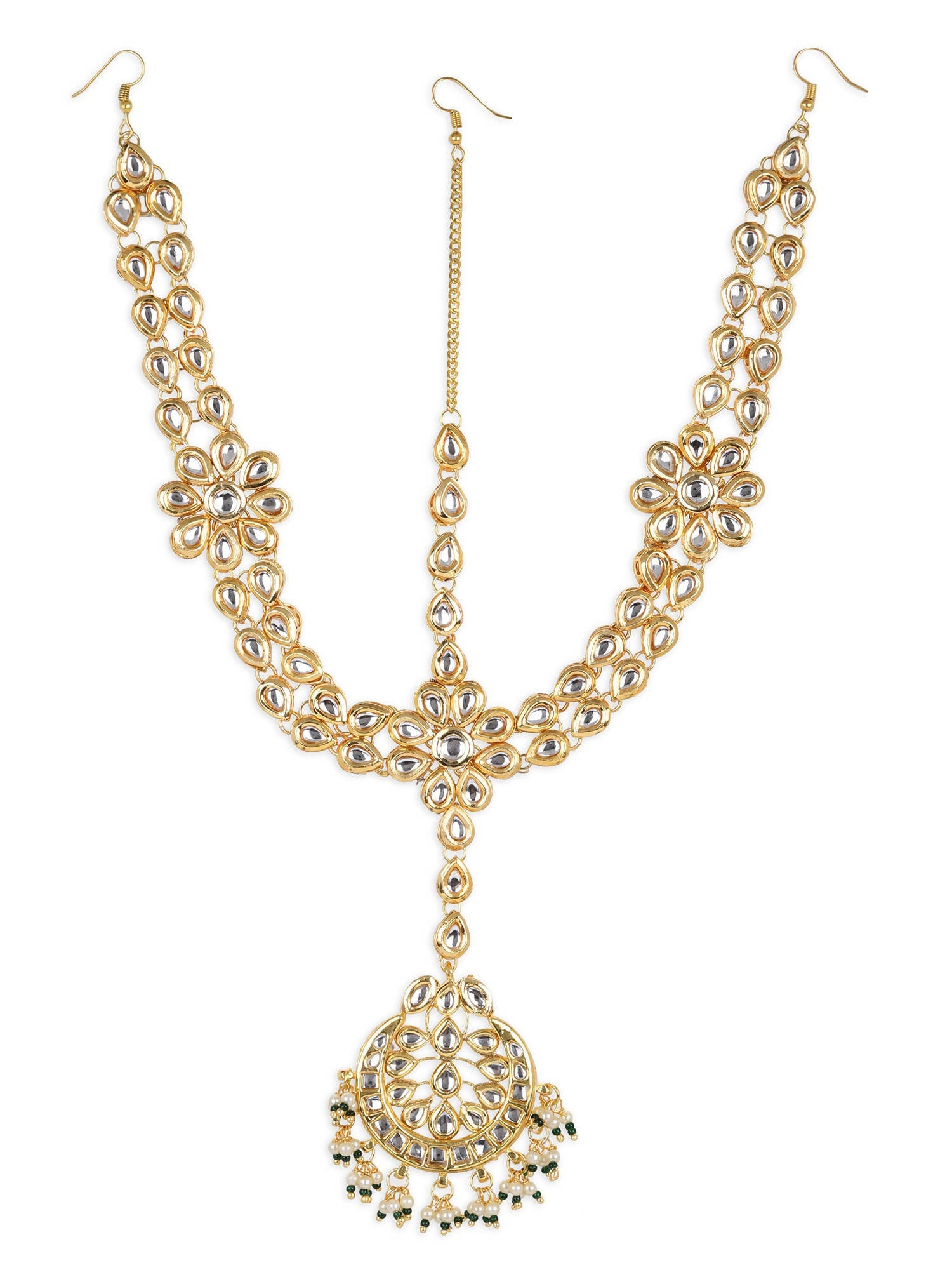 Gold-Polished White Kundan-Studded Pearl Beaded Matha Patti - Ruby Raang | Grab2Buy