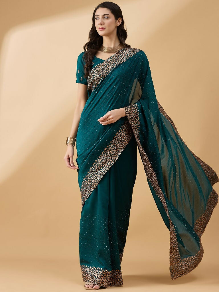 Teal Silk Blend Embroidered Saree with Unstitched Blouse - Vairagi | Grab2Buy