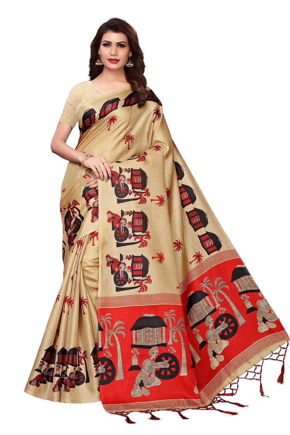 Vamika Kalamkari With Jhalar Khadi Silk Saree in Chiku Color | Grab2Buy