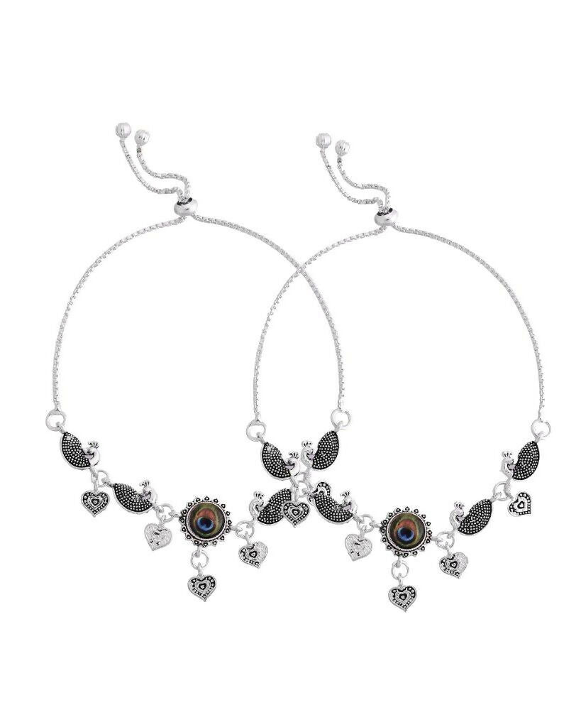 VOJ Set Of 2 Silver Plated Peacock Handcrafted Anklets | Grab2Buy