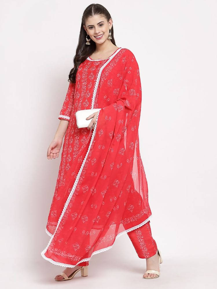 Myshka Women's Red Cotton Printed 3/4 Sleeve Round Neck Casual Kurta Pant Dupatta Set | Grab2Buy