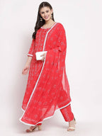 Myshka Women's Red Cotton Printed 3/4 Sleeve Round Neck Casual Kurta Pant Dupatta Set | Grab2Buy