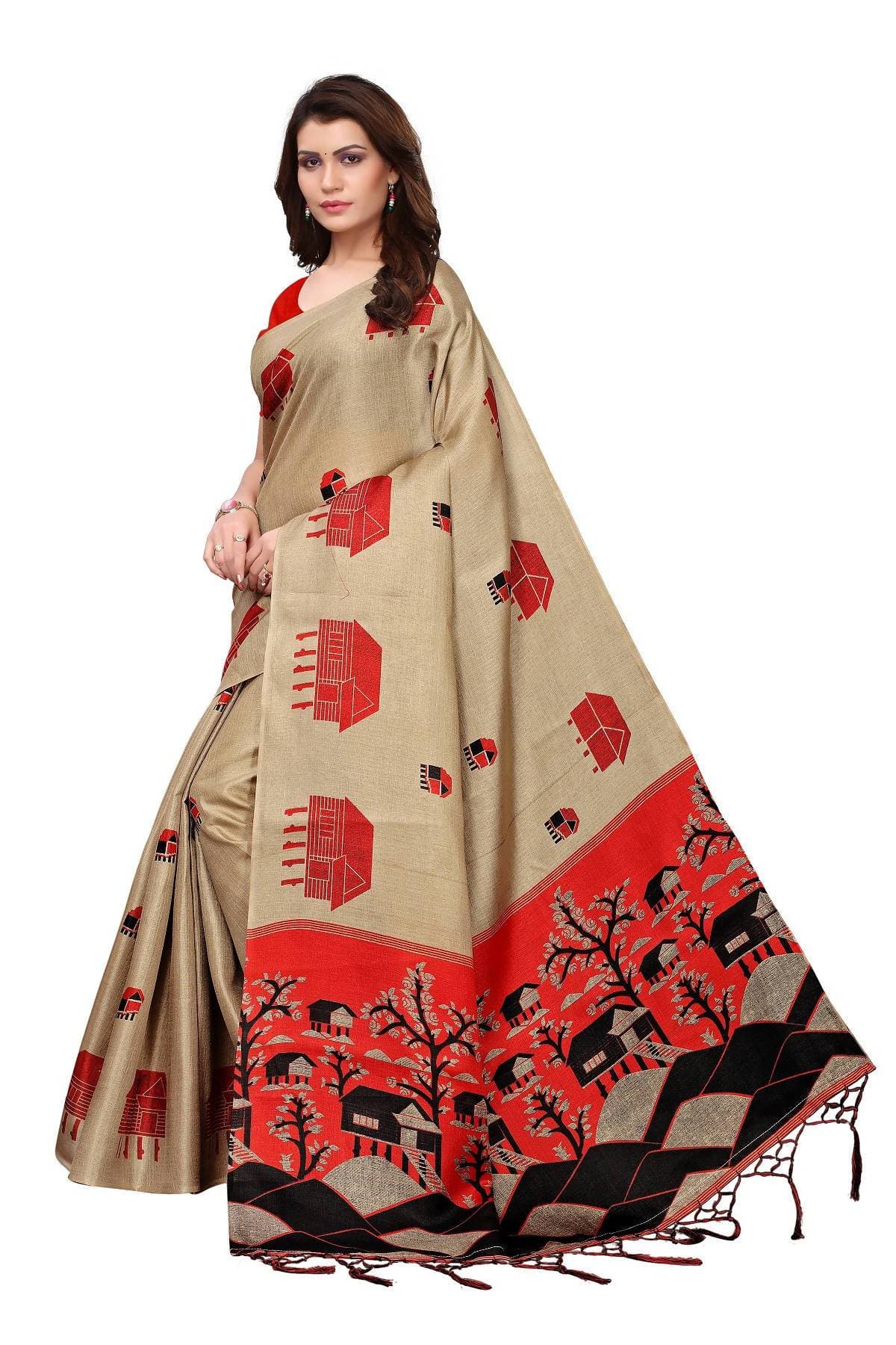 Vamika Traditional Chiku & Red Kalamkari With Jhalar Khadi Silk Saree | Grab2Buy
