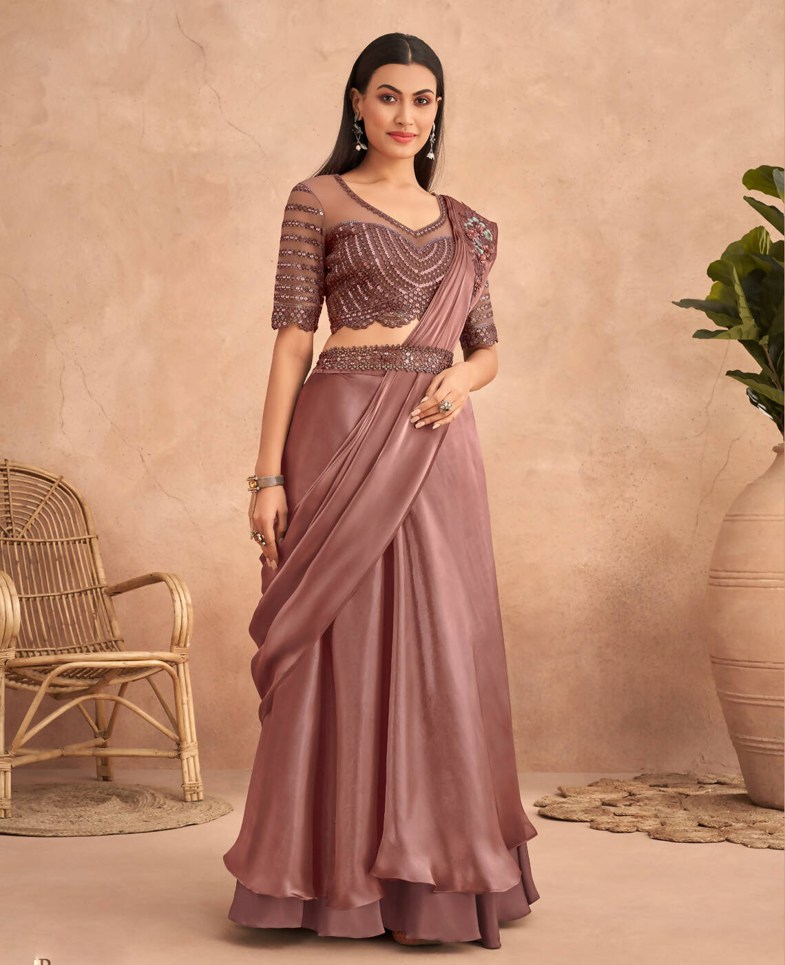 Dark Mauve Satin Embroidered Ready To Wear Saree With Unstitched Blouse Piece - Nandika | Grab2Buy