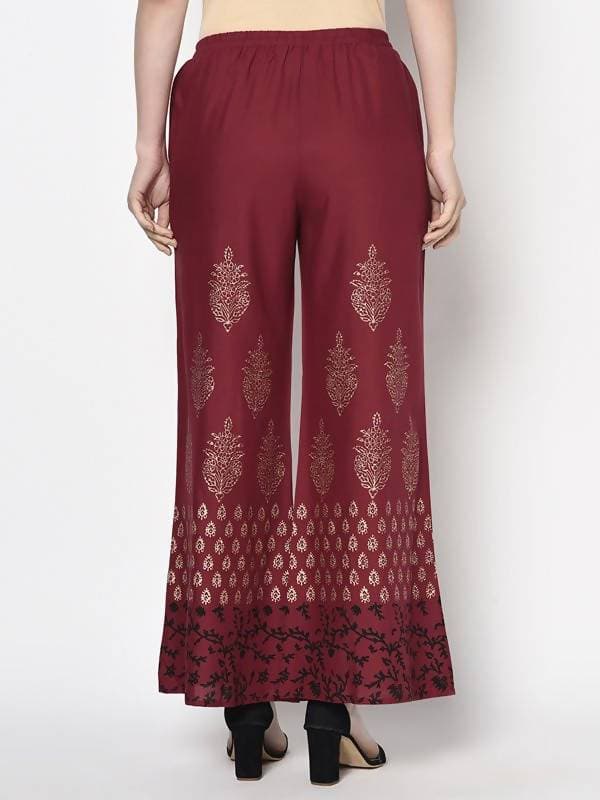 Aniyah Rayon Maroon Color Block Print Flared Slip-On Palazzo (AN-183K) | Grab2Buy