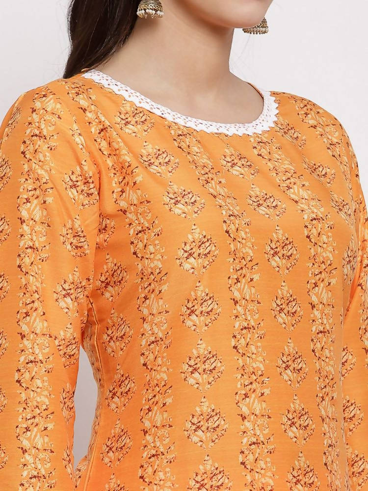 Myshka Women's Orange Cotton Printed 3/4 Sleeve Round Neck Casual Kurta Pant Dupatta Set | Grab2Buy