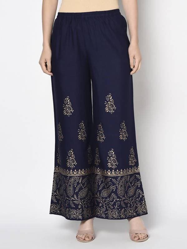 Aniyah Rayon Navy Blue Color Block Print Flared Slip-On Palazzo (AN-211K) | Grab2Buy
