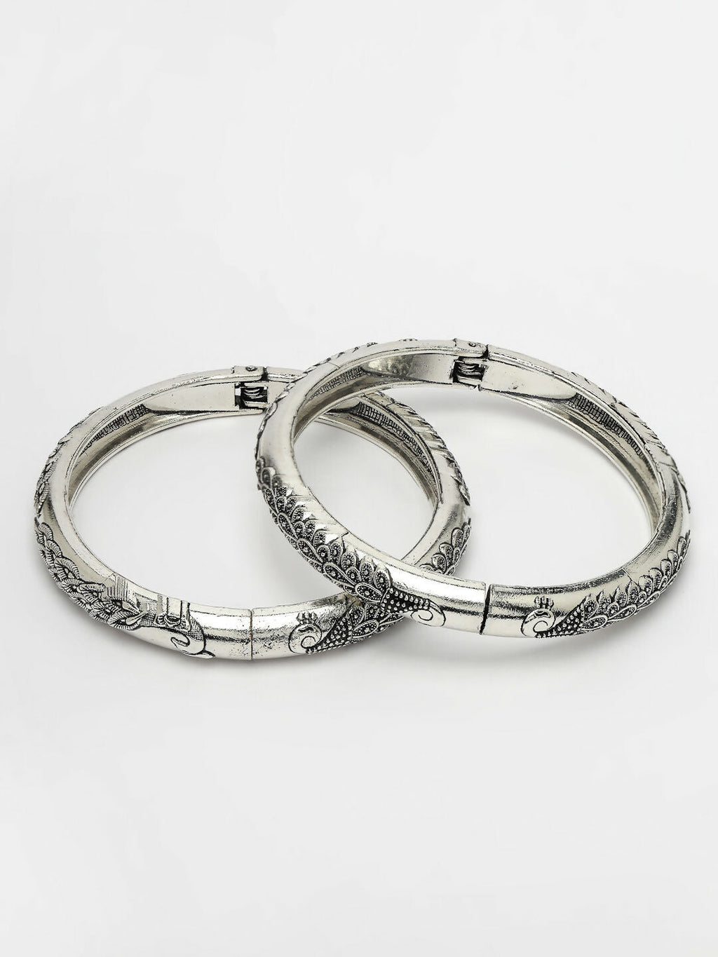 NVR Women's Silver-Toned German Silver Peacock Design Oxidised Kada Bangle