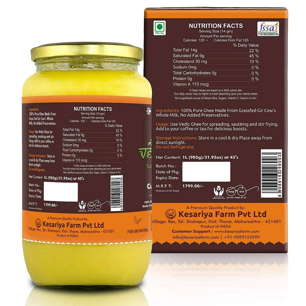 Vedic Ghee Premium A2 Gir Cow Cultured Ghee from Kesariya Farm Indian Gir Cow Ghee, Pure A2 Ghee, Natural & Healthy | Swadesiicart