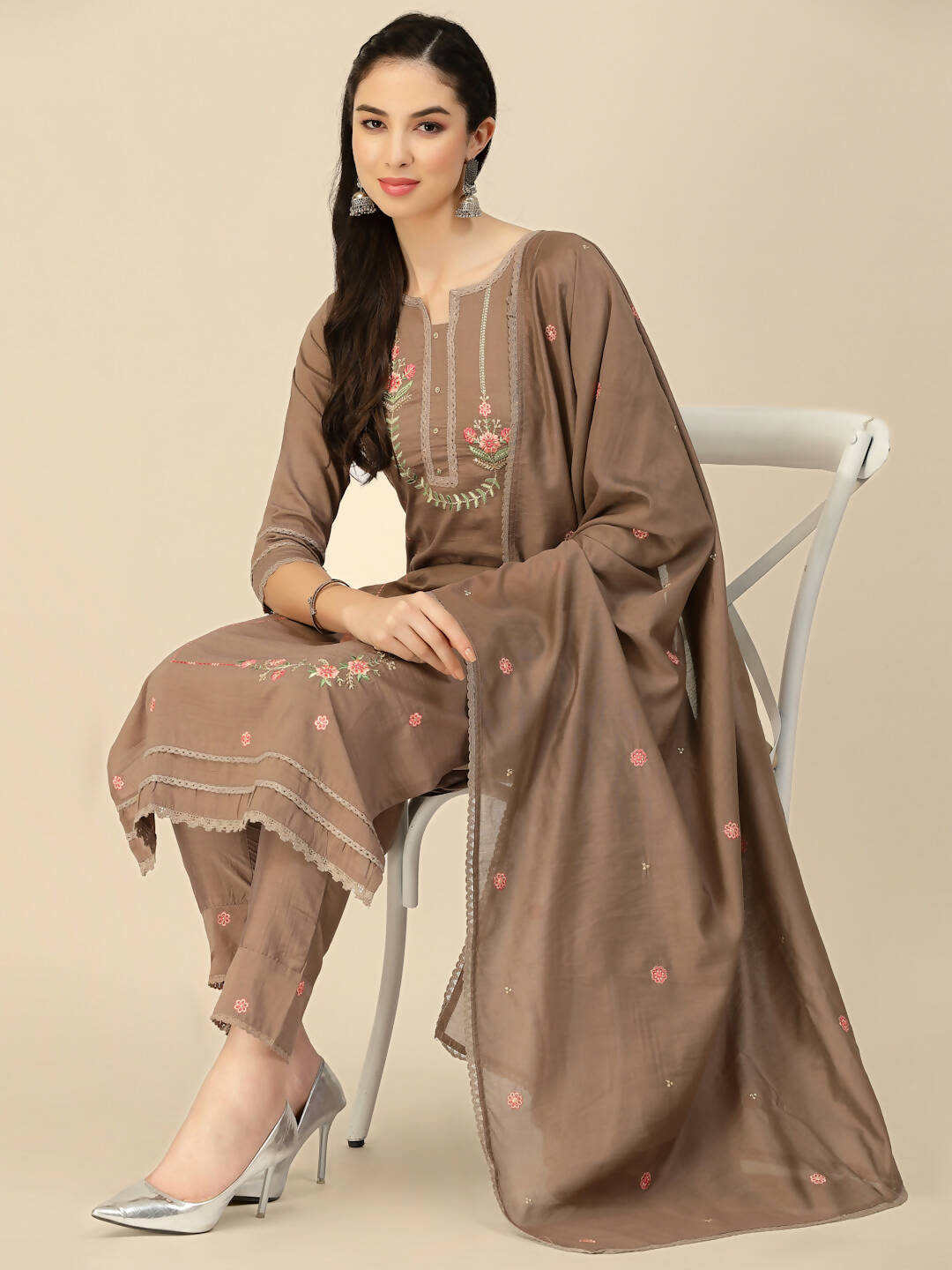Brown Embroidered Chinon Straight Kurta With Trouser & Dupatta - Salimar | Grab2Buy