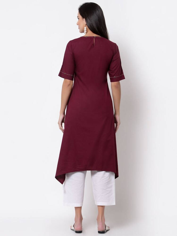 Myshka Women's Pure Cotton 3/4 Sleeve Round Neck Casual Maroon Dress | Grab2Buy