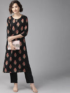 Yufta Black Ethnic Motifs Printed Kurta with Palazzo | Grab2Buy