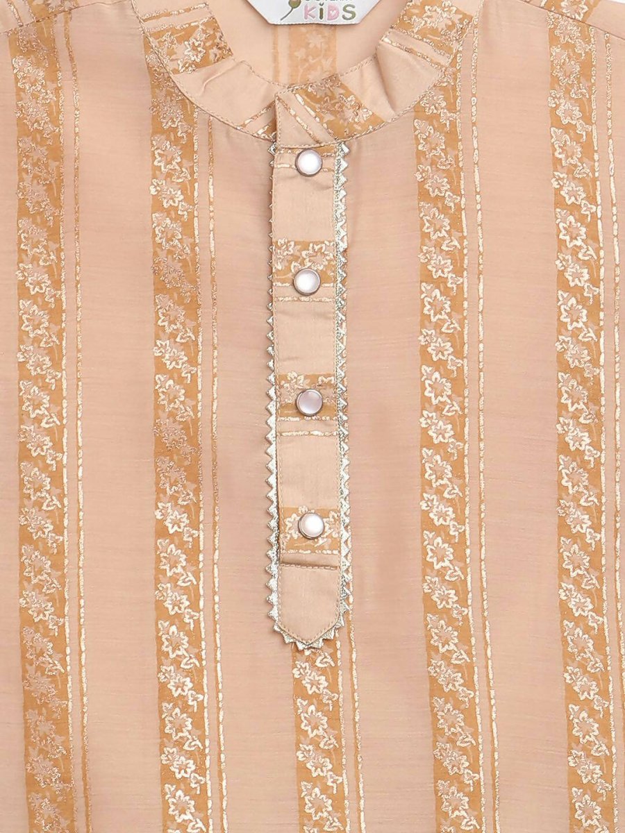 Ahalyaa Beige Chanderi Gold Foil Print Kids Kurta Churidar Set For Boys | Grab2Buy