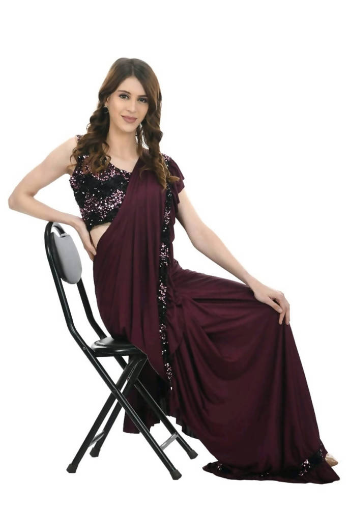 Mominos Fashion All Season Wear Wine And Black Colour Ruffled Ready To Wear Saree | Grab2Buy