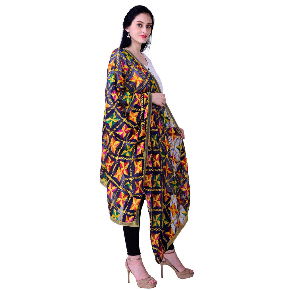 SWI Stylish Women's Embroidered Phulkari Chiffon Navy Blue Dupatta | Grab2Buy