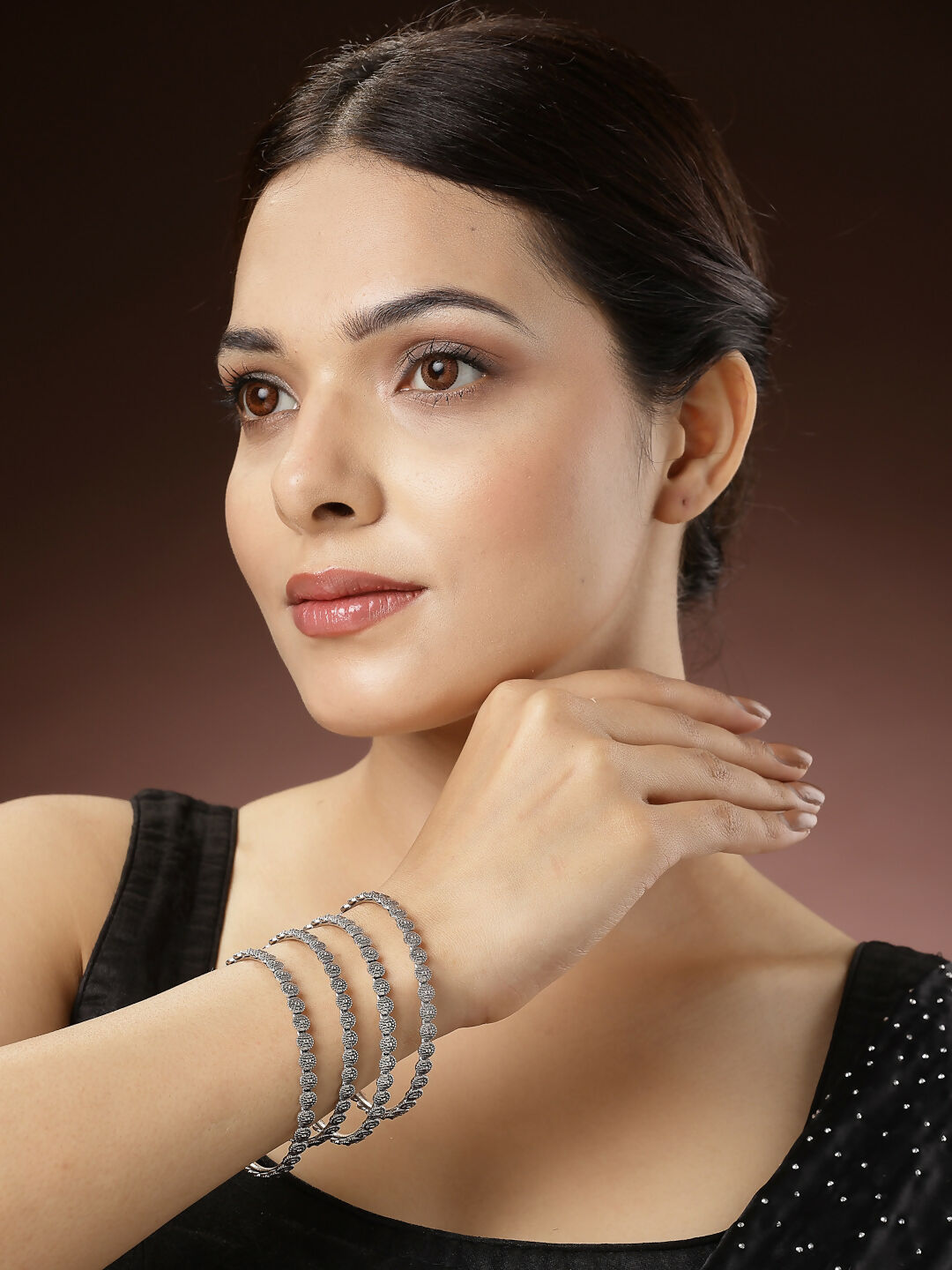 NVR Women's Set of 4 Silver-Toned German Silver Oxidised Bangles | Grab2Buy