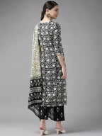 Yufta Black & Off-White Ethnic Screen Print Cotton Straight Kurta Palazzo & Dupatta | Grab2Buy