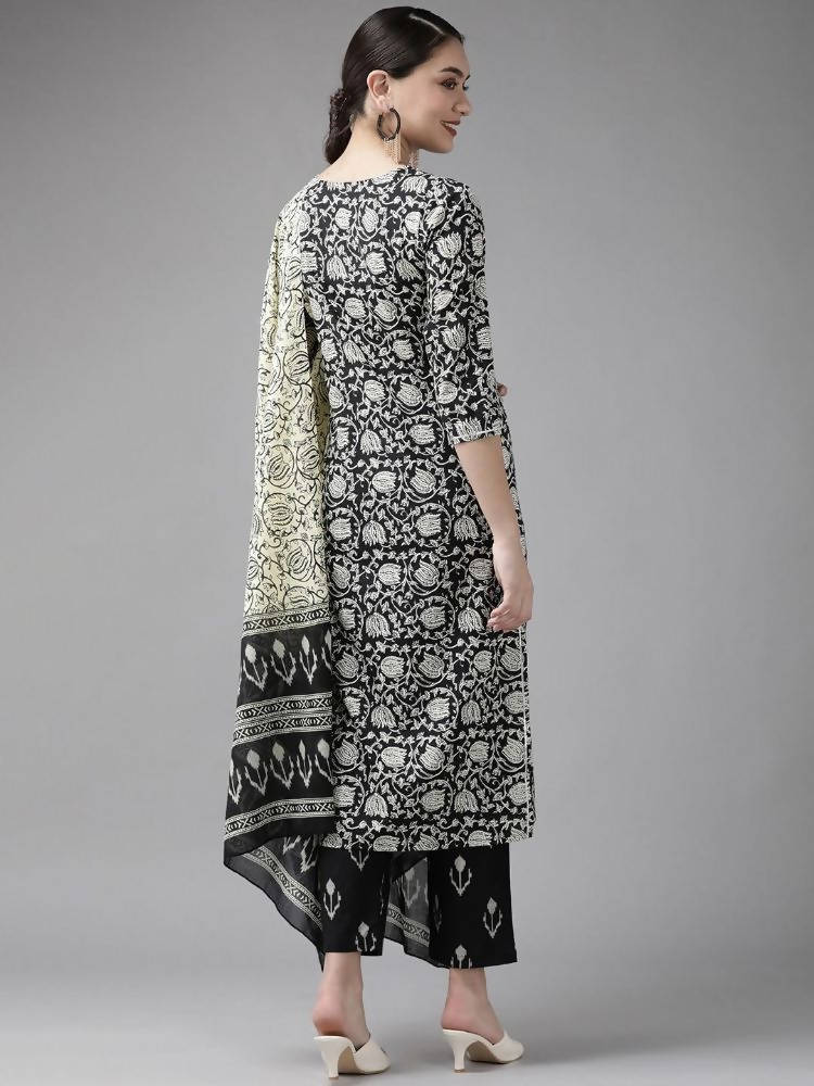 Yufta Black & Off-White Ethnic Screen Print Cotton Straight Kurta Palazzo & Dupatta | Grab2Buy