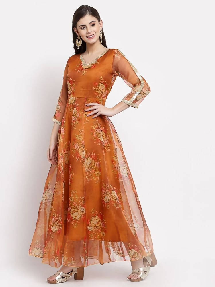 Myshka Women's Brown Organza Printed 3/4 Sleeve V Neck Casual Anarkali Dress | Grab2Buy