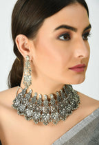 Mominos Fashion Johar Kamal Oxidised Silver-Plated Brass Finish Temple Jewellery with Earrings For Women | Grab2Buy