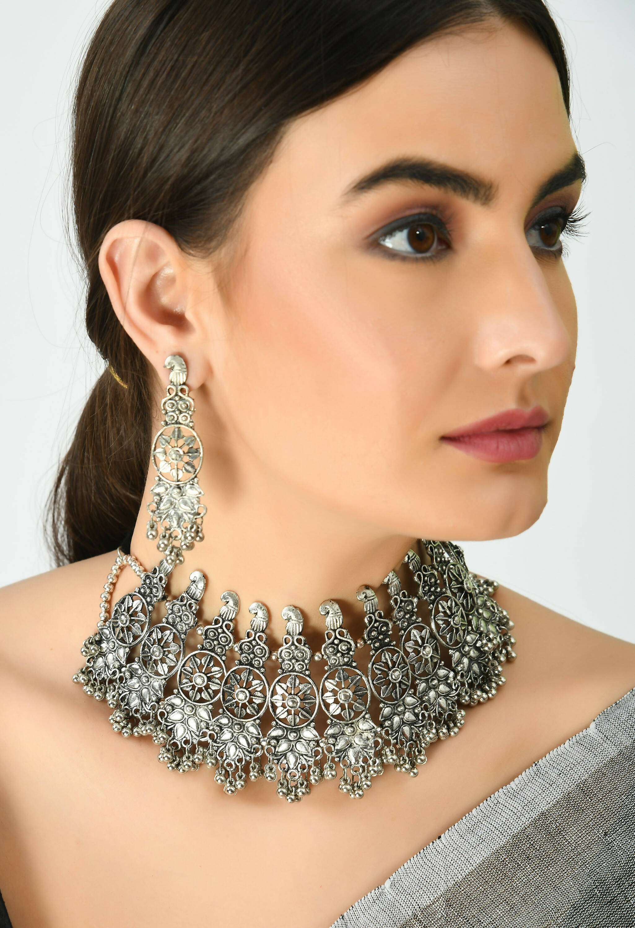 Mominos Fashion Johar Kamal Oxidised Silver-Plated Brass Finish Temple Jewellery with Earrings For Women | Grab2Buy