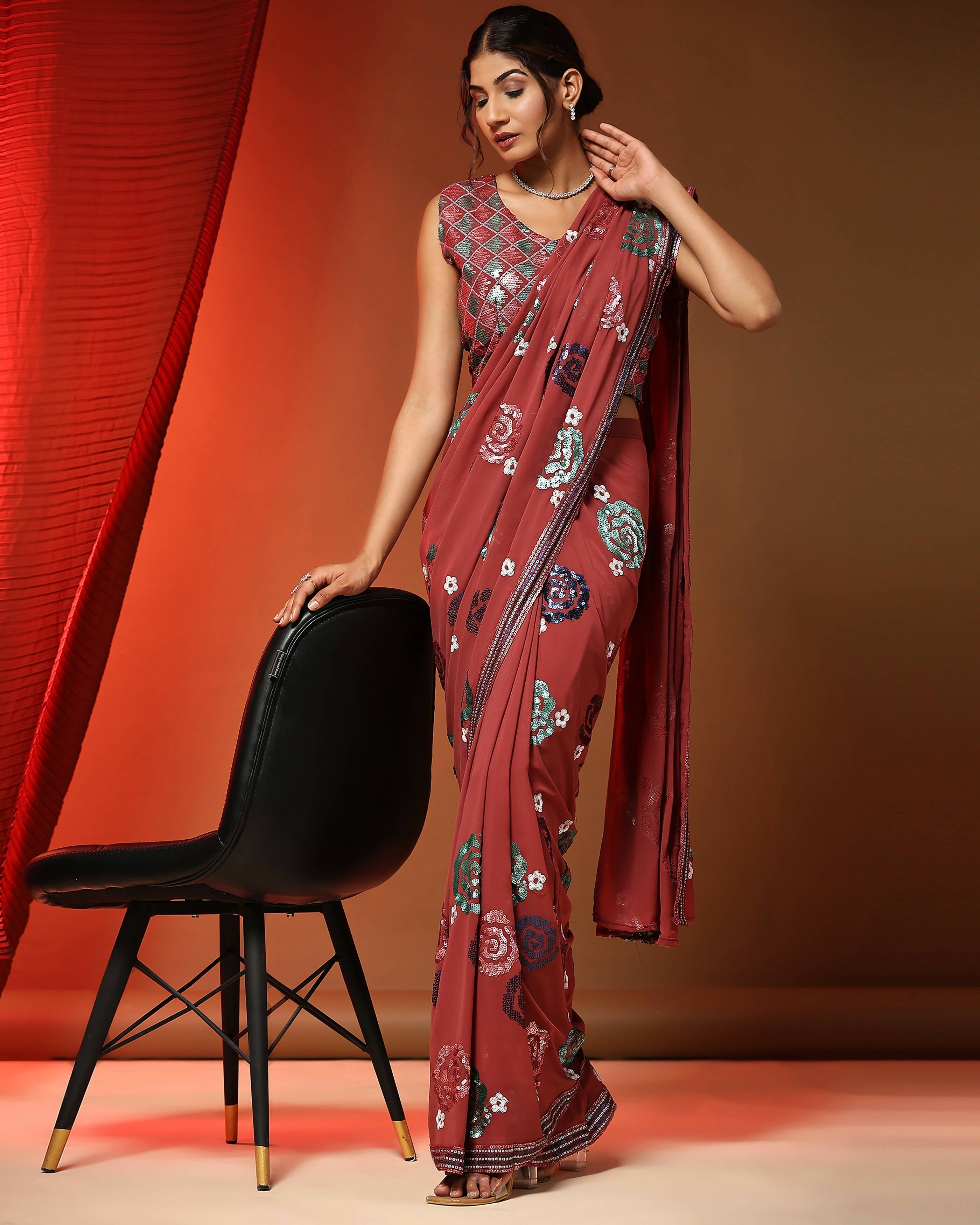Peach Pure Georgette Sequence work Ready to wear Saree with stitched Blouse - Nirvana | Grab2Buy