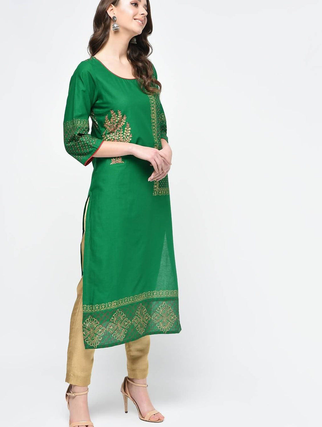 Cheera Hand Block Print Green Color Straight Kurta | Grab2Buy