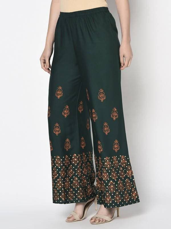 Aniyah Rayon Bottle Green Color Block Print Flared Slip-On Palazzo (AN-219K) | Grab2Buy