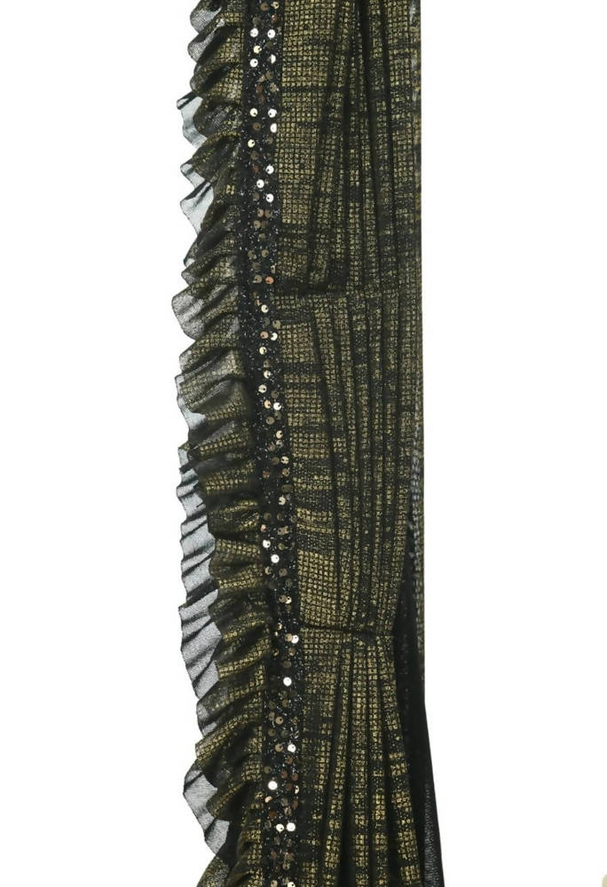 Mominos Fashion All Season Wear Olive Green And Black Ruffled Ready To Wear Saree | Grab2Buy