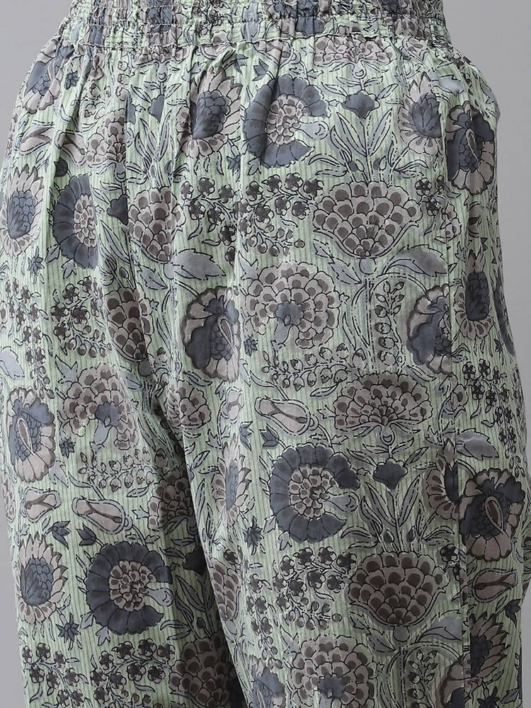 Yufta Green and off-white yoke design Kurta with Palazzo with Dupatta Set | Grab2Buy